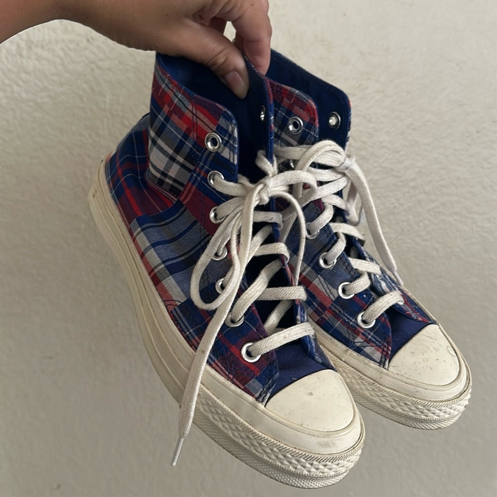 CONVERSE red and blue plaid preppy hi tops